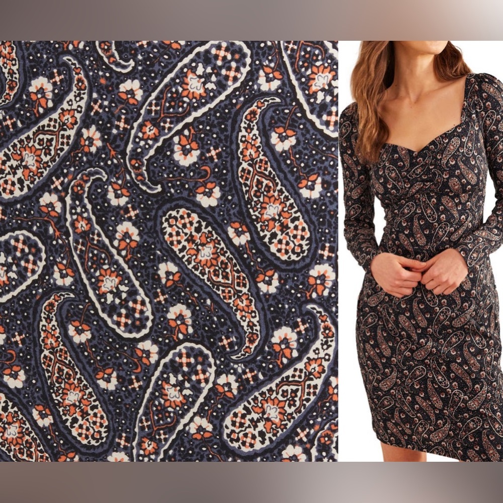 NWT Boden Paisley Long Sleeve Sweetheart Neckline Cotton Blend Dress Sz 10 Fall